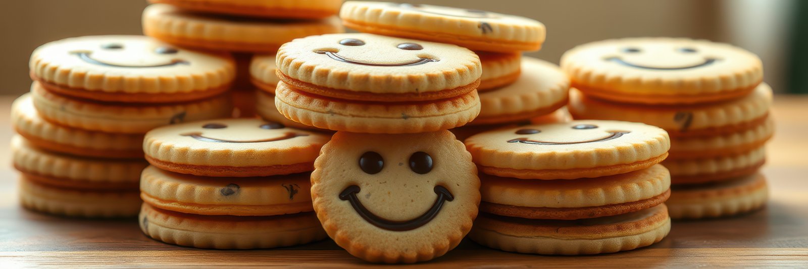 Delicious cookies with smiling faces arranged neatly on a wooden surface in a cozy setting